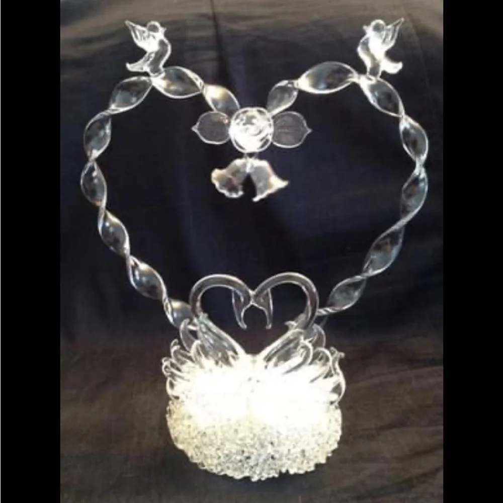Vintage Wedding Cake Top Elegant Heart Sculpture w Swans and Doves Blown Glass